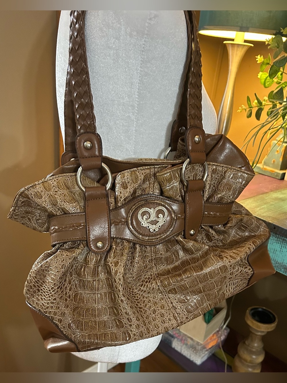Bueno Brown Croc-Effect Shoulder Bag with Braided Straps